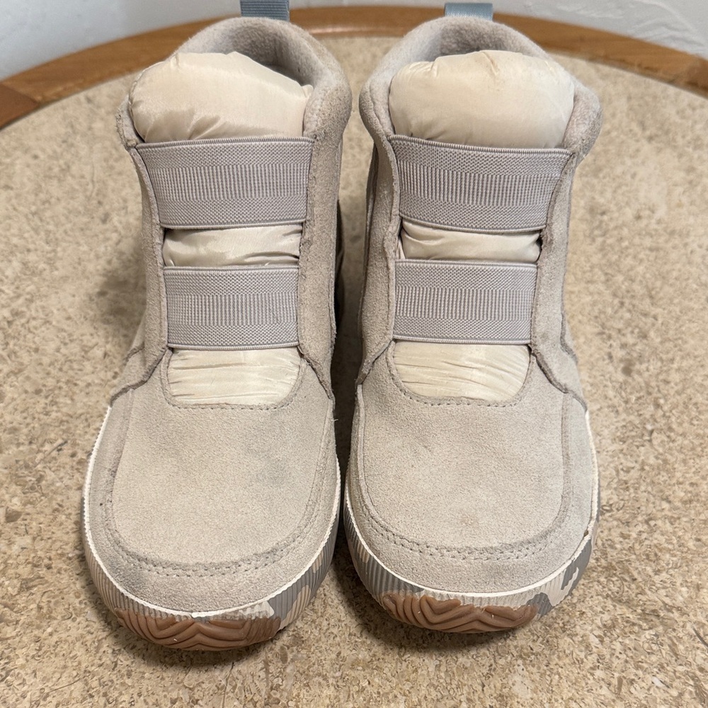 Sorel Beige Suede Waterproof Ankle Booties with Camouflage Rubber Midsole